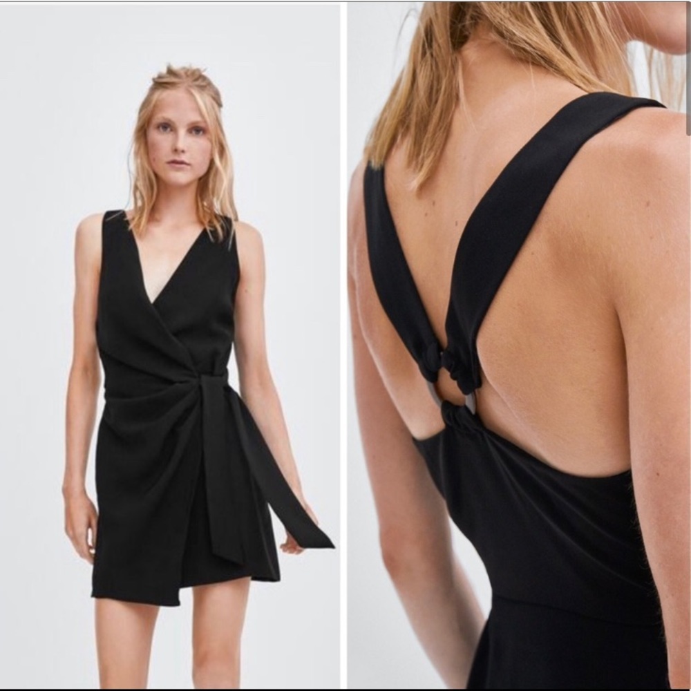 Zara Soft Surplice Wrap Dress Tortoise Shell O-Ring Dress In Black